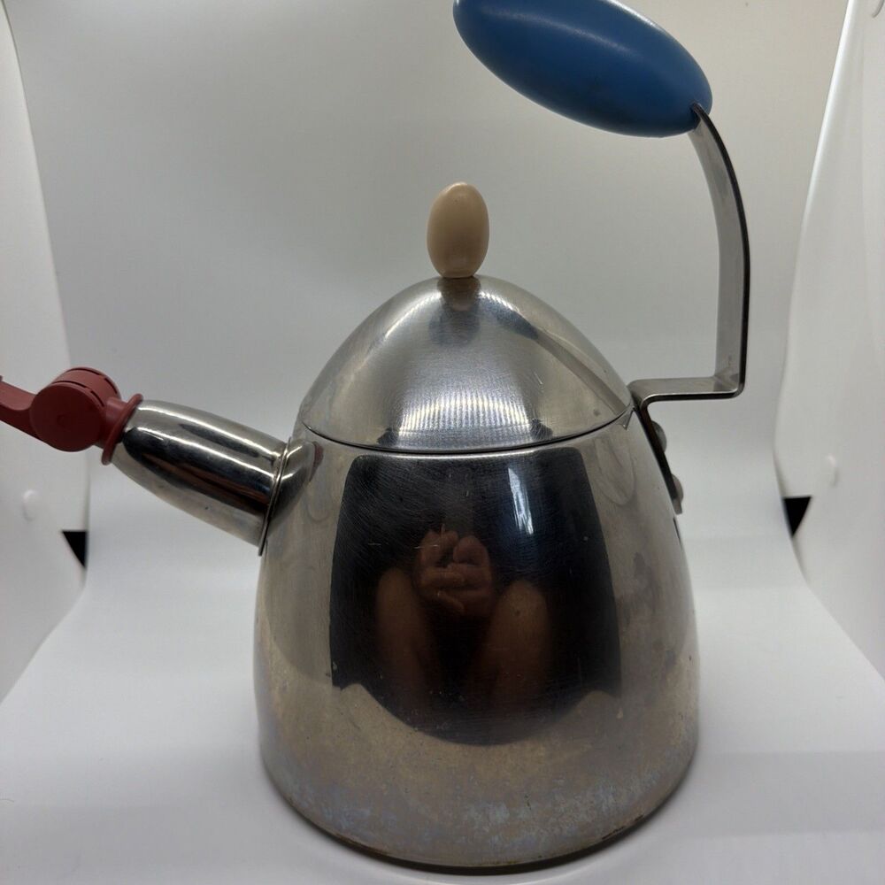 Vintage Tea Kettle Michael Graves Design EGG Handle Red Whistle Stainless-signed